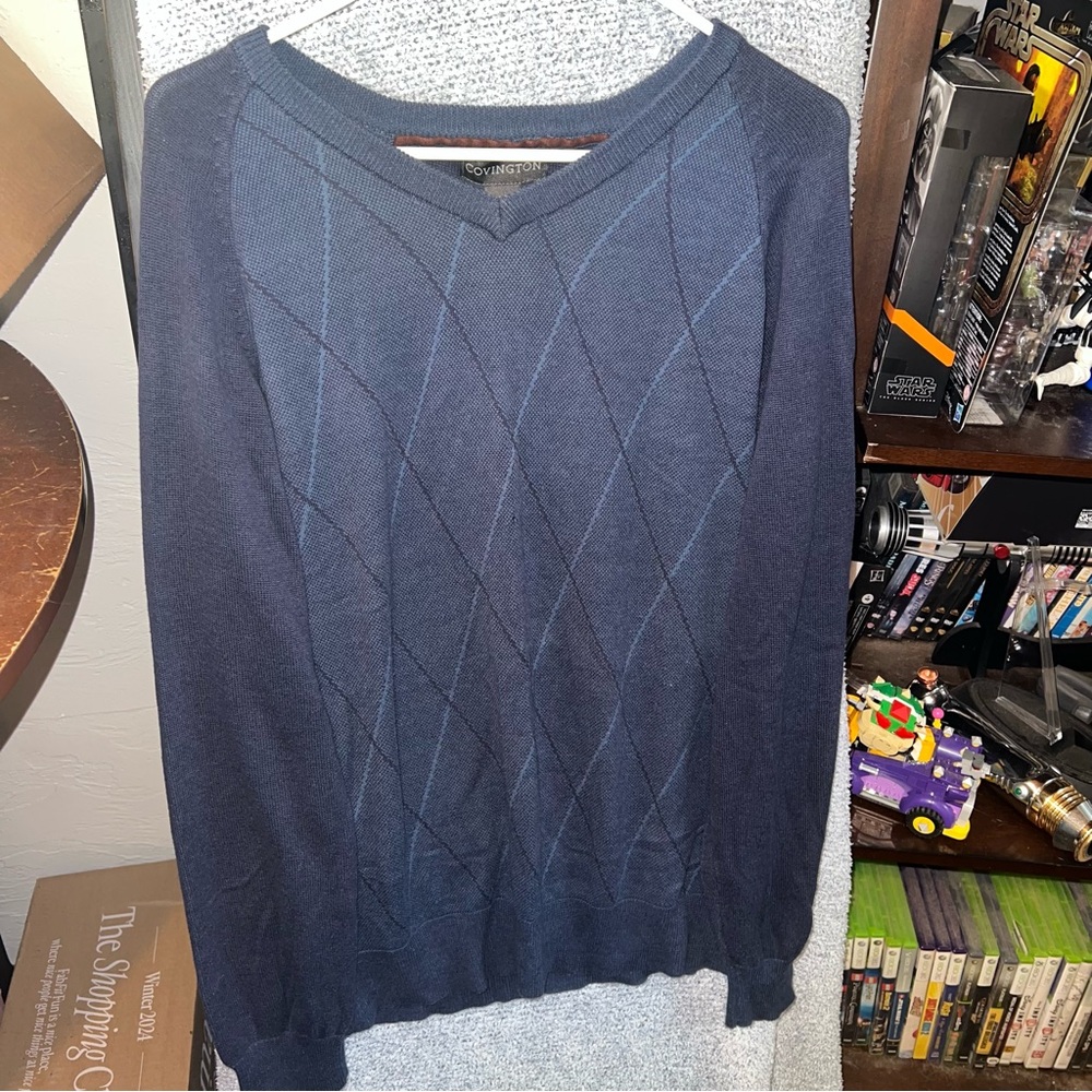 Covington Men's V-Neck Sweater in Deep Blue with Plaid Stripe Pattern